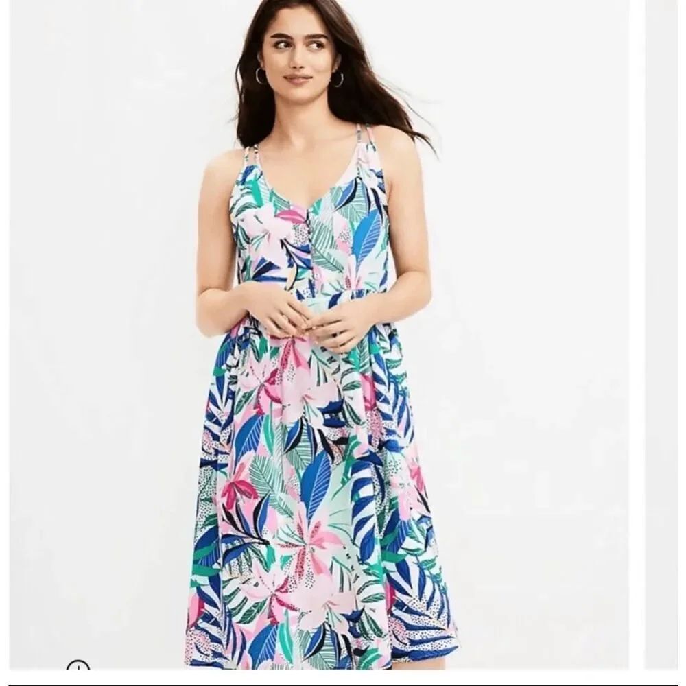 Loft cotton blend Palm Double Strap Midi Dress tropical print V-neck size 6 NWT